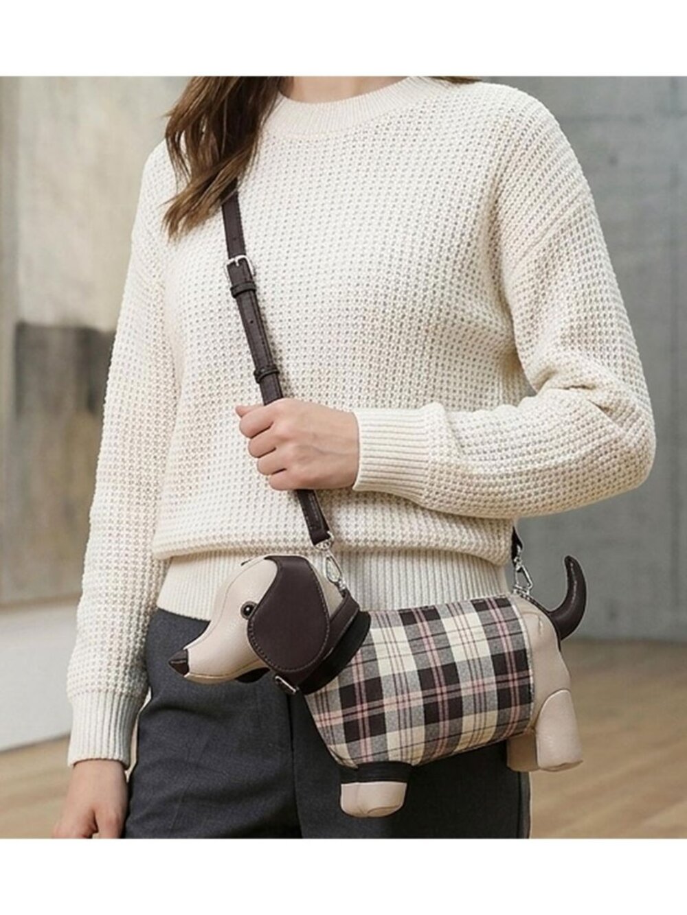 Tigerstars Beige Faux Leather Cute Dog Shape Crossbody Handbag